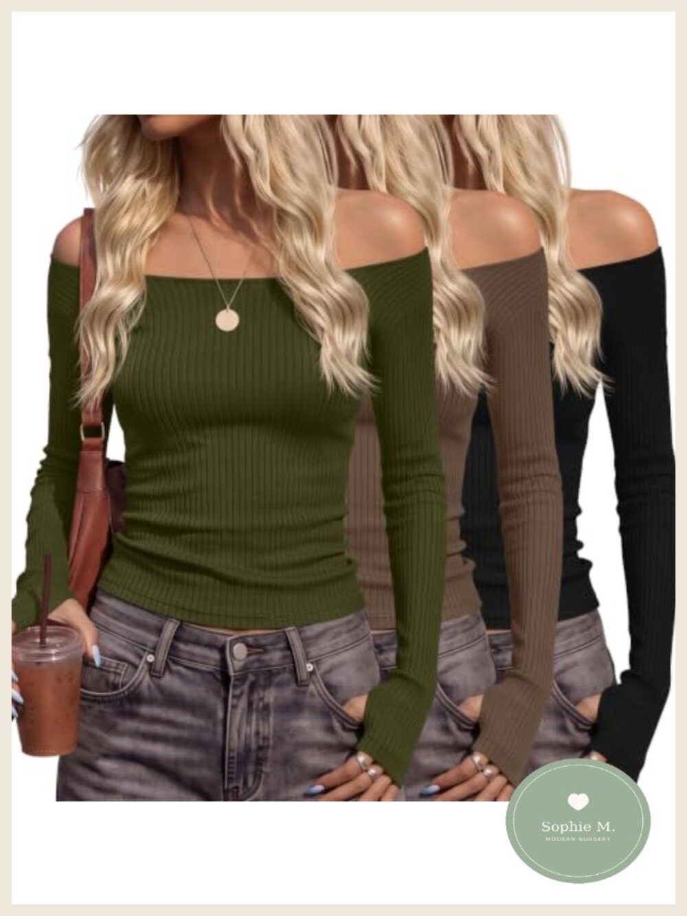 3 Pack Women's Long Sleeve Off Shoulder Y2K Ribbed Shirts with Thumbholes